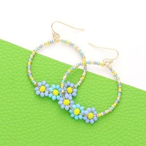 Blue Faceted Beaded Triple Flower Accented Open Circle Dangle Earrings